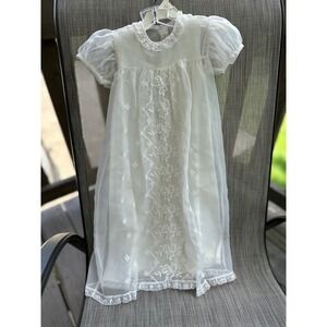 Christening Gown w/ Slip Vintage White Sheer‎ Embroidered Lace Trim Size NB